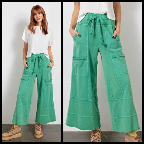 EASEL "Perfect Cargo" Terry Knit Mineral Washed Flared Leg Pants Raw Seams, Hems - Picture 7 of 15